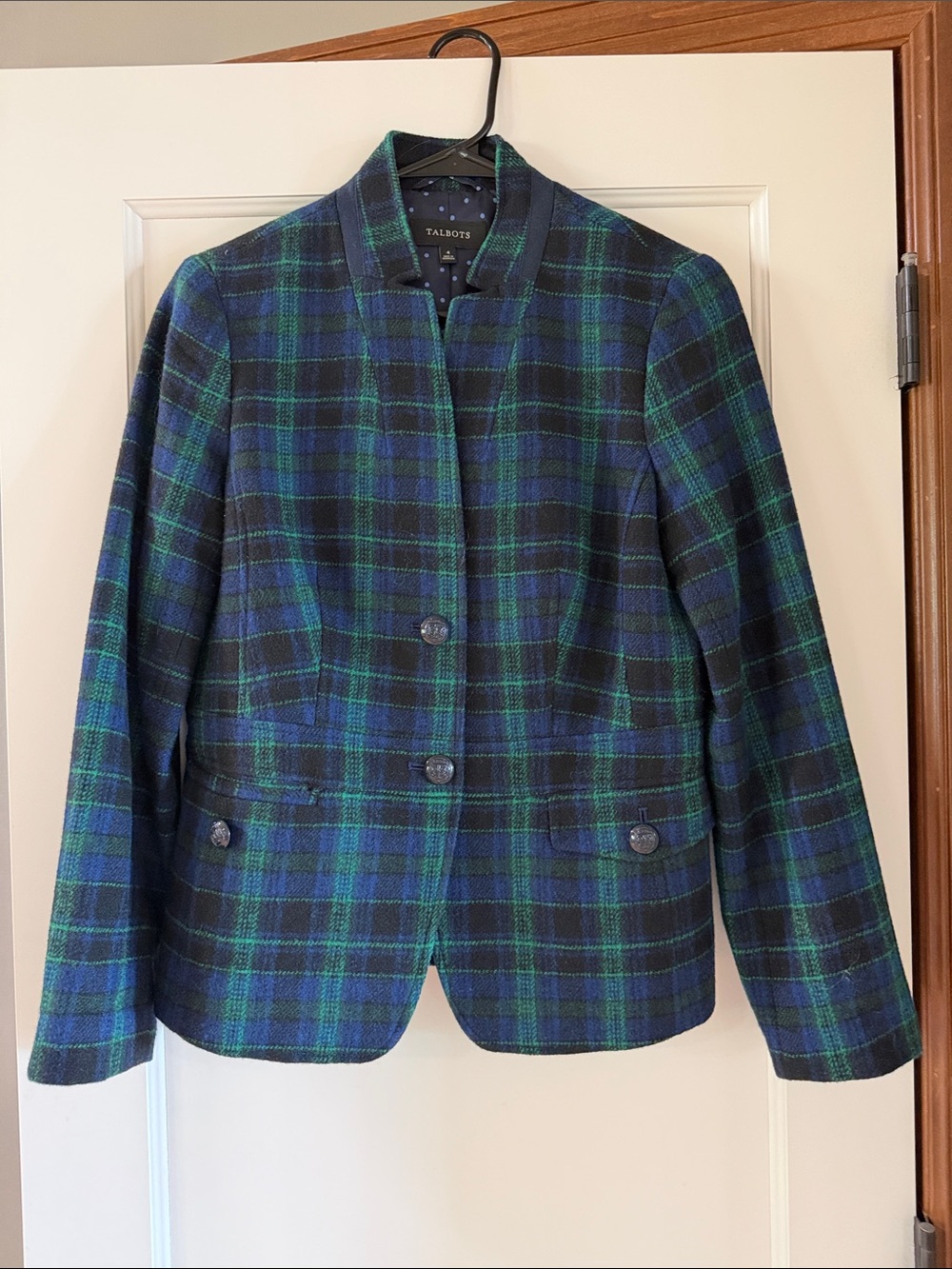 Talbots Navy and Green Plaid Collarless Blazer